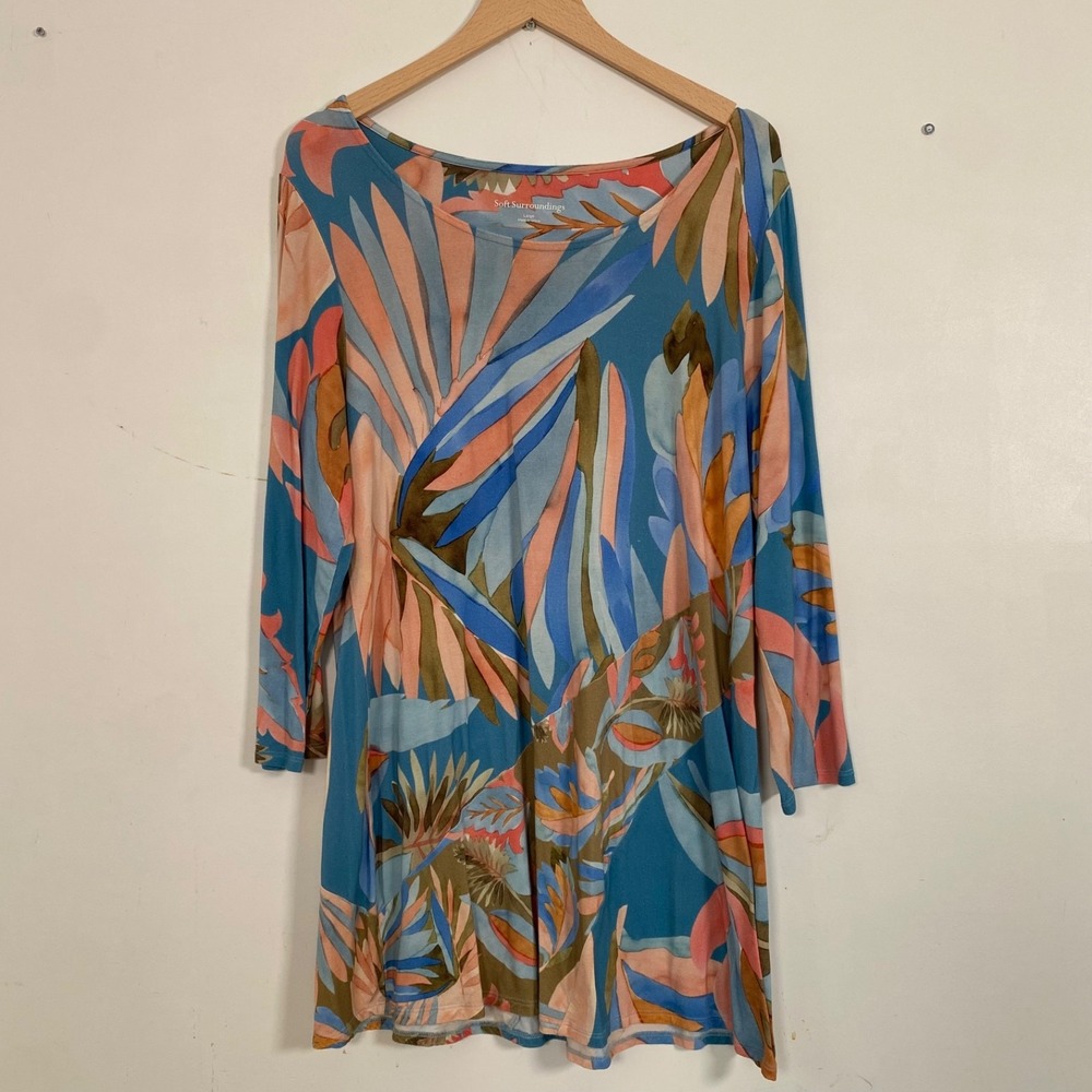Soft Surroundings Womens Aqua Bloom Top Size Large Art To Wear Colorful Boho